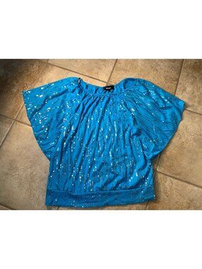 BCX Girl Size XLarge 16 Silver Sequin Butterfly Sleeve Shirt Azure Color U10-50